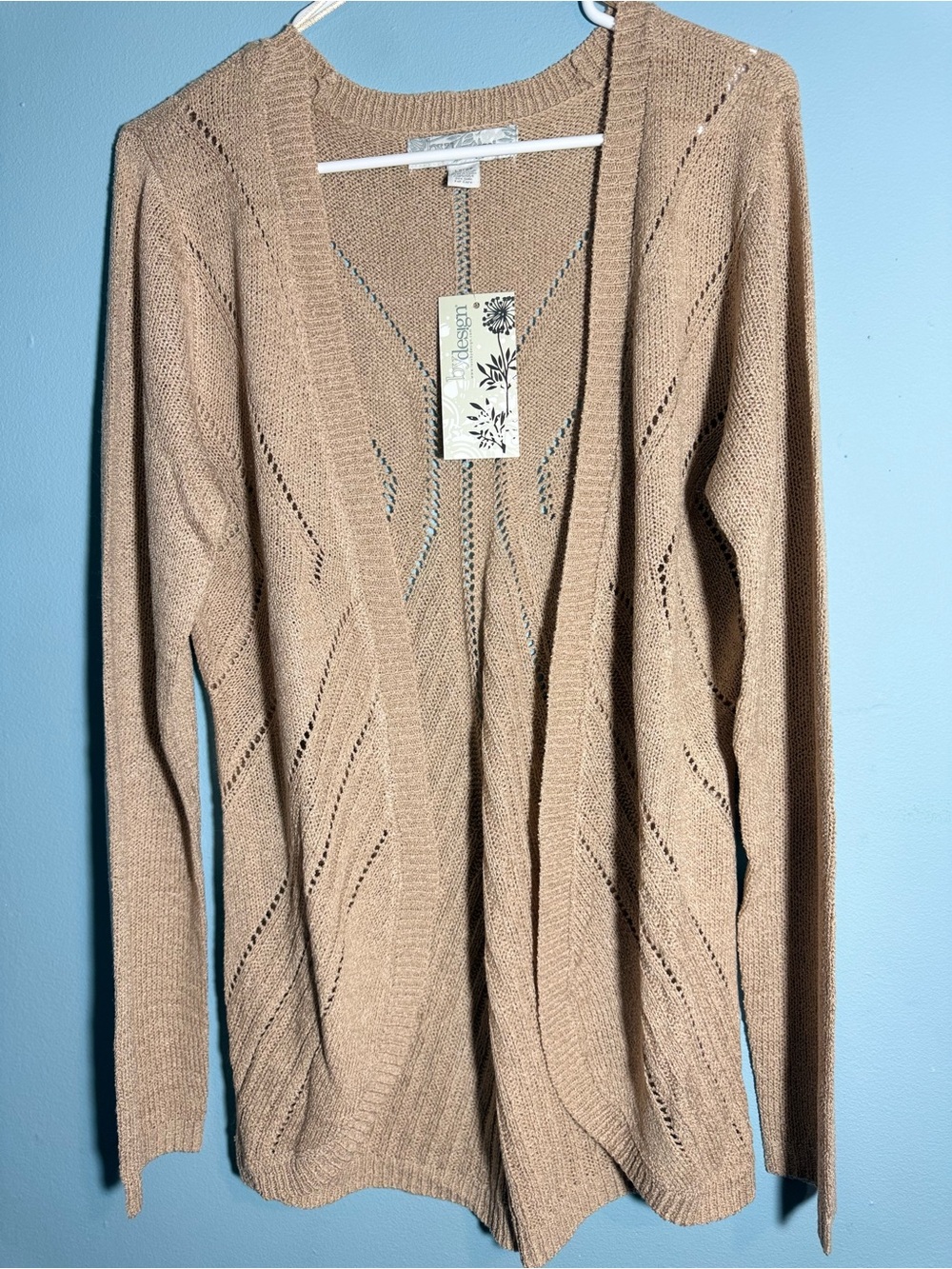 Dana Buchman Beige Open-Front Eyelet Knit Cardigan